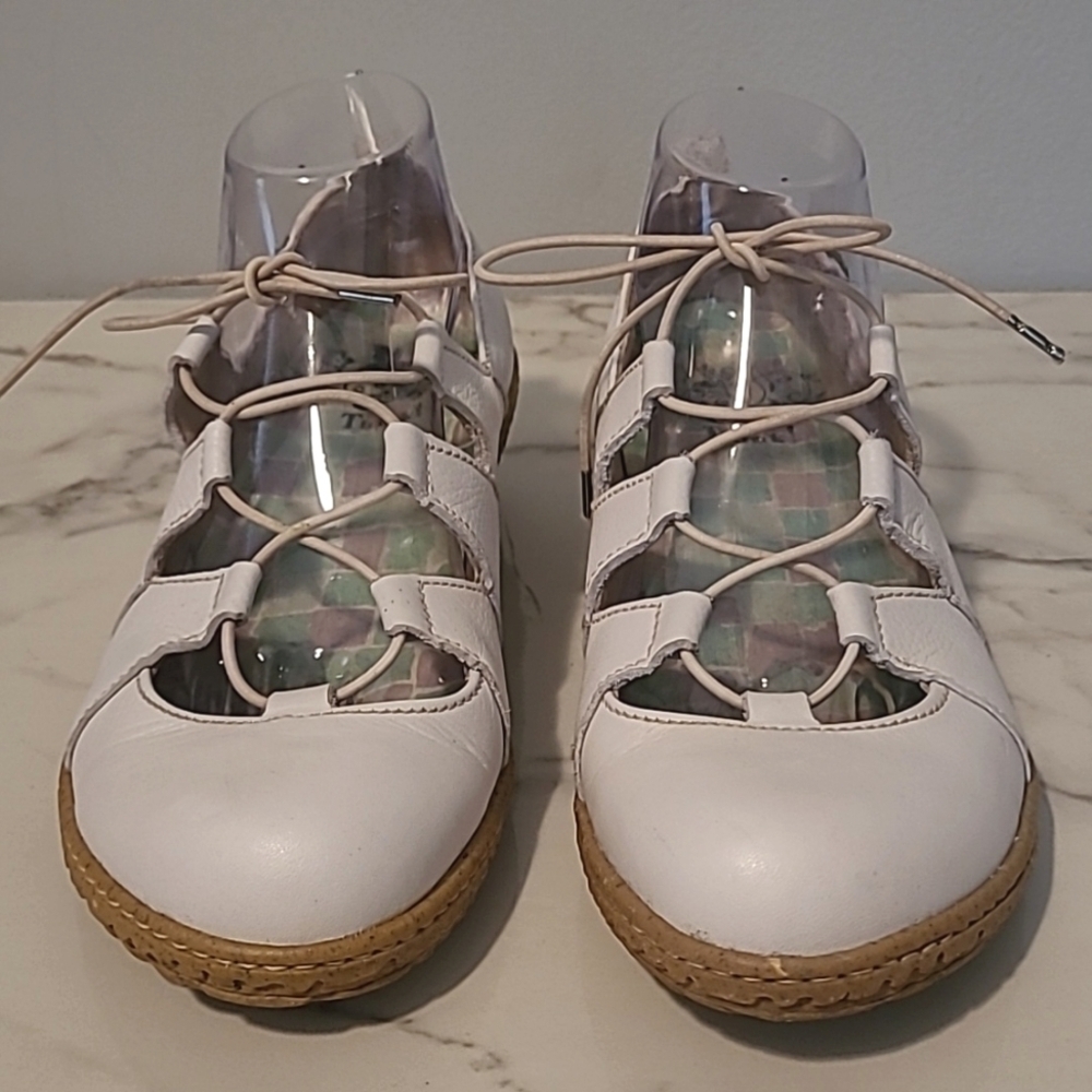 Think! Women's 8.5 White Leather Lace-up Casual Artsy Wedge Loafers Shoes Boho - Picture 4 of 16